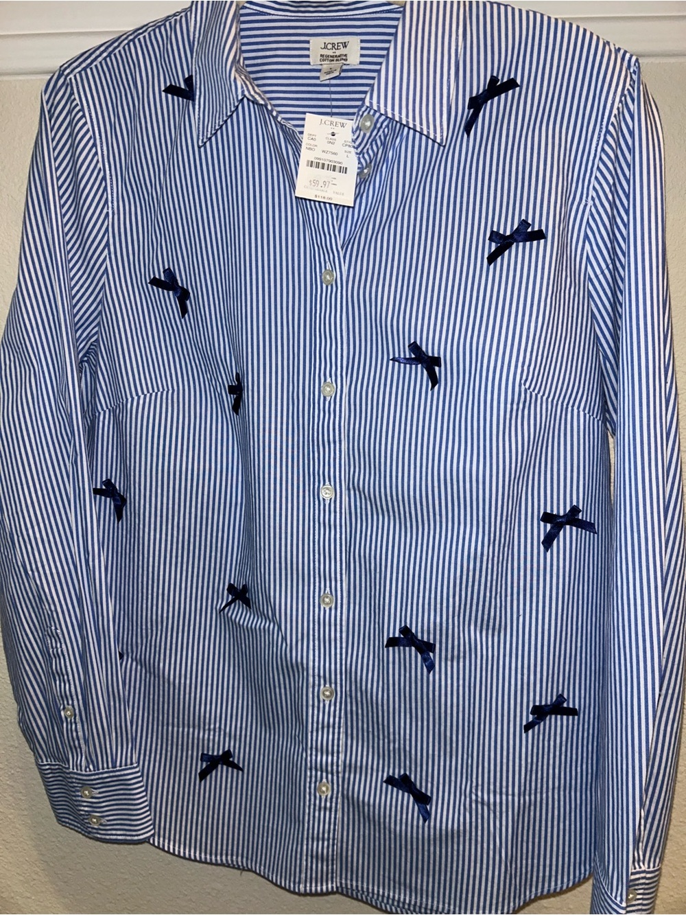 J. Crew Factory Women Blue&White Striped Button-Down Shirt w/ Navy Bow Accents